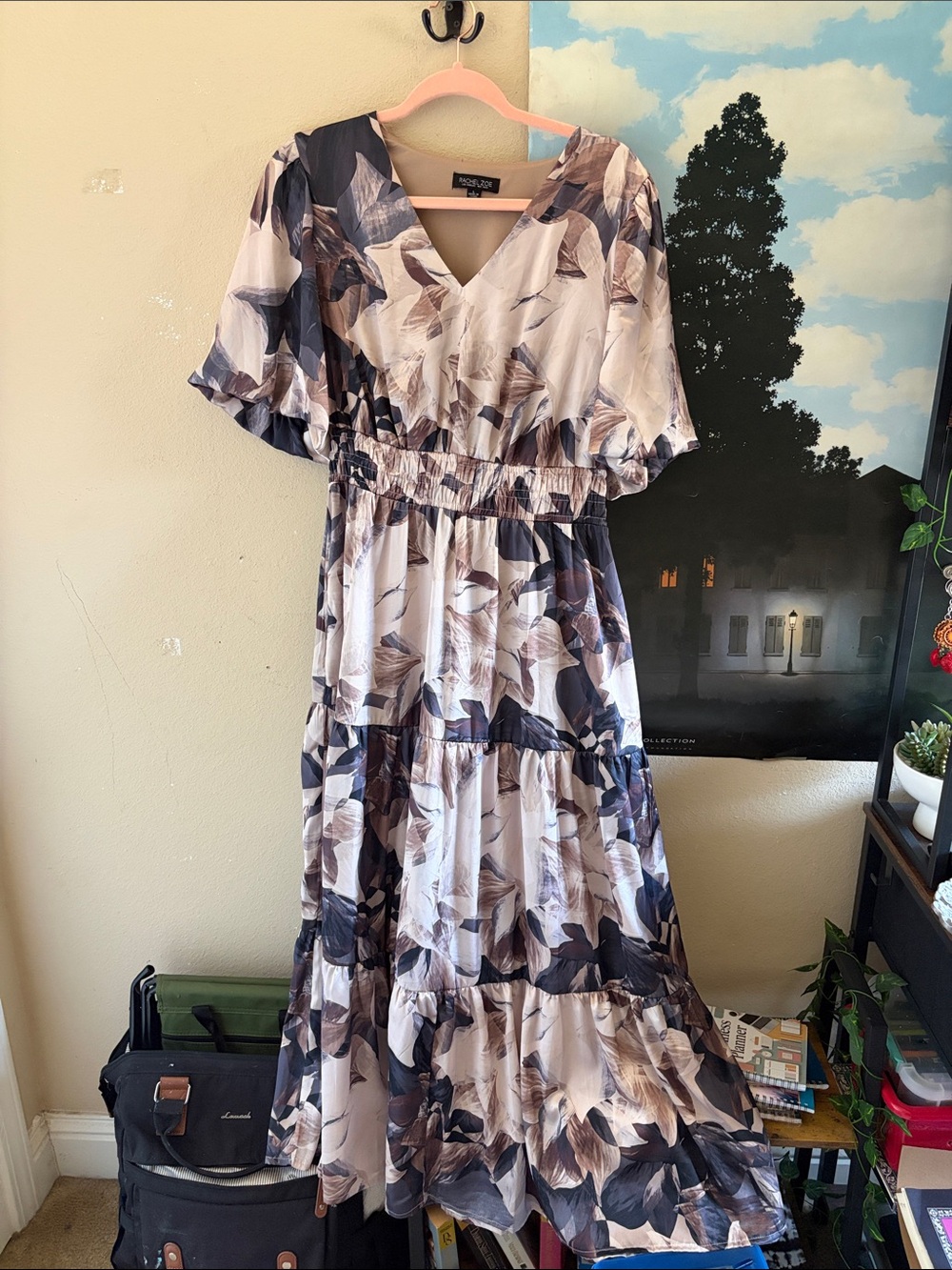 Rachel Zoe Neutral Floral Tiered V-Neck Maxi Dress in Cream and Brown